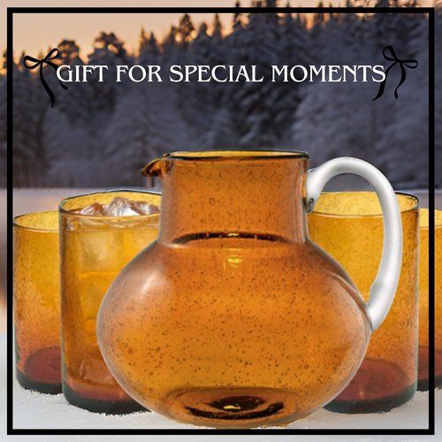 ARTLAND Iris 90oz Glass Pitcher & 17oz Highball Glasses (Set of 4) - Handcrafted Drinkware, Unique Bubble Design, Lead-Free Glass for Serving Beverages, Home Dining, Entertaining Essentials (Amber)