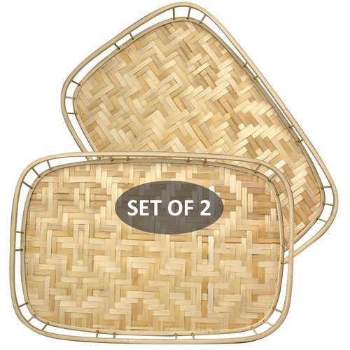 PEMAR Large Bamboo Wicker Serving Trays Set of 2 – 19.3″ x 13.8″ Rectangular Hand-Woven Lap/Breakfast Trays with Handles – Rustic & Decorative Kitchen, Coffee Table & Bed Tray