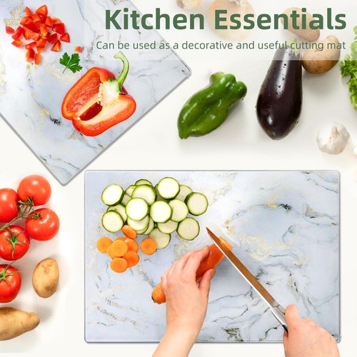 WRINGKIT Set of 2 Glass Cutting Board with Marble Pattern, Tempered Glass Chopping Board with Non-Slip Feet, 16"x 12" Large Glass Board for Countertop, Kitchen, Easy to Clean