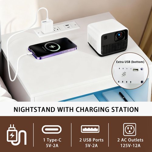 ansefe Night Stand with Charging Station and Ambient Light, LED Nightstand with USB-C Ports and Outlets, Morden Bedside Table with 2 Drawers and Open Compartment, End Table for Bedroom, White