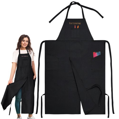 Potterhyme Full Coverage Pottery Apron Split Leg - 100% Cotton Canvas Potter's & Ceramics Apron with Pockets for Women & Men (Black)