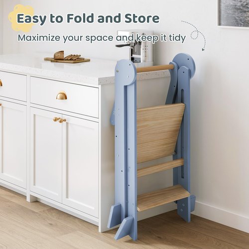WeeGuruu Toddler Step Stool, Wooden Fold-able Standing Tower Kitchen Stool for Countertop, Bathroom, Montessori Kids Stool with Height Adjustable Platform for Ages 18 Mons to 6 Years Learning Skills