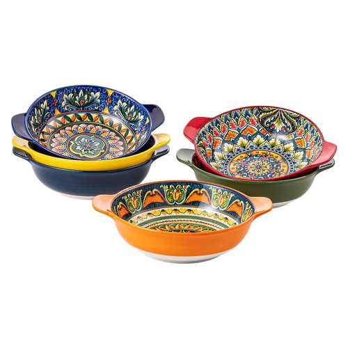Henten Home Porcelain Pasta Bowls with Handle - 30 oz Ceramic Soup Bowls Set of 6, Colorful Serving Dishes for Salad, Cereal, Dinner, Bohemian Style, Microwave & Dishwasher Safe