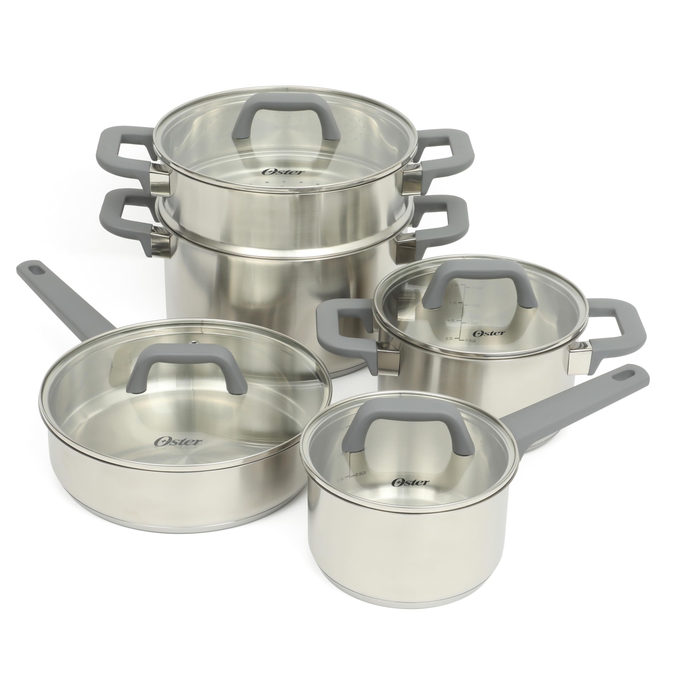 Oster Beauford 9-Piece Stainless Steel 5-Ply Encapsulated Base Cookware Set – Non-Toxic, Induction Compatible Pots and Pans with Stay-Cool Handles – Dishwasher Safe