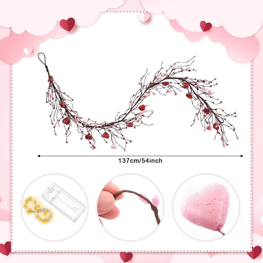 Yuxung Valentine's Day Glitter Garland with 30 Fairy Lights 4.5ft Pip Berry Cherry Blossom Garland LED Christmas Lights for Valentine's Day Wedding Party (Red, Pink)