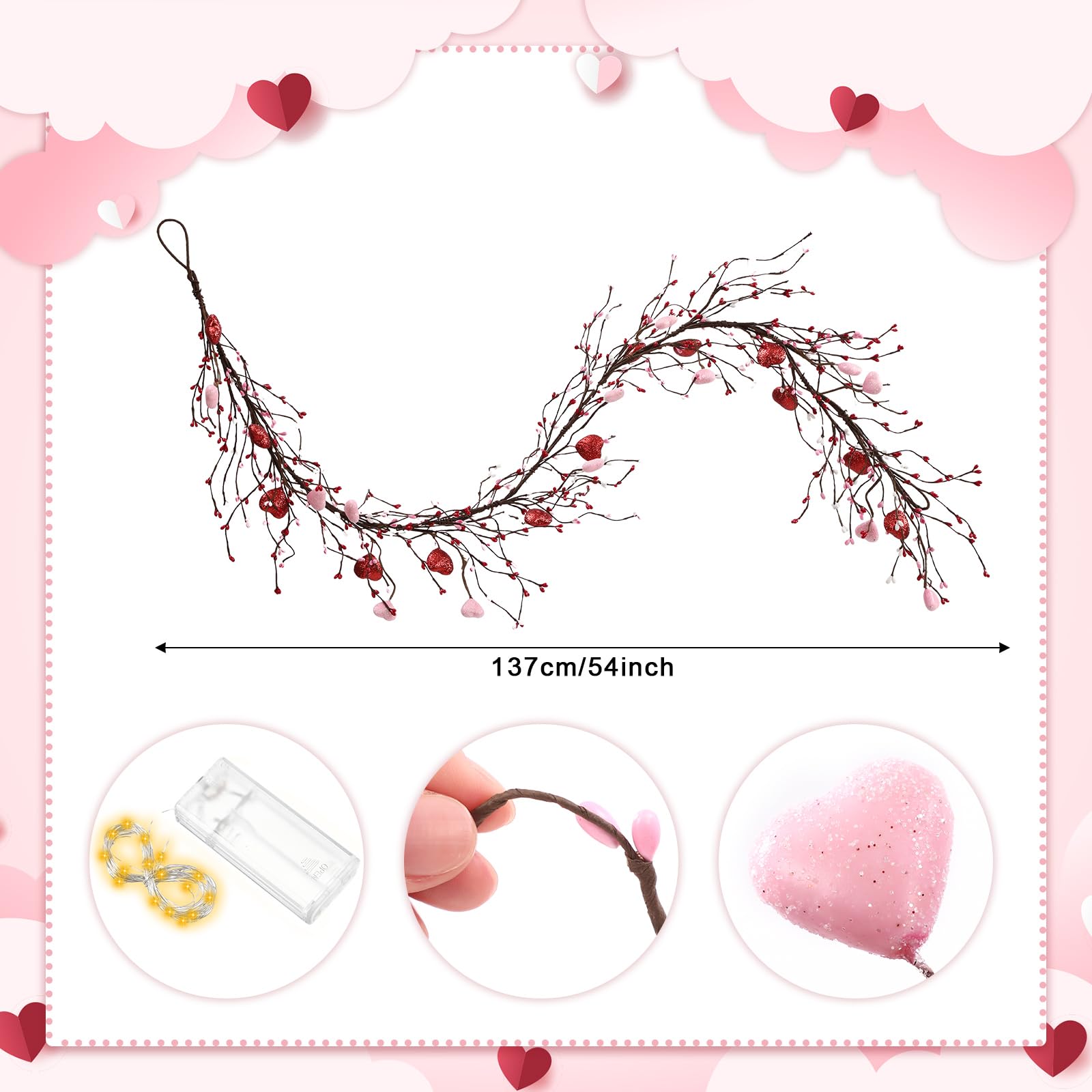 Yuxung Valentine's Day Glitter Garland with 30 Fairy Lights 4.5ft Pip Berry Cherry Blossom Garland LED Christmas Lights for Valentine's Day Wedding Party (Red, Pink)