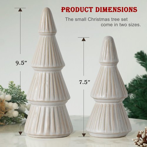 Mokof Christmas Decorations, Ceramic Christmas Tree, Small Farmhouse Christmas Decor Trees for Table Top, Mantle, Set of 2 (9.5" H & 7.5" H)