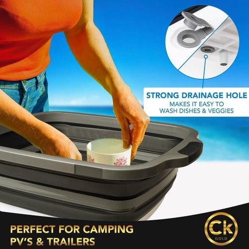 CK GOLD Collapsible BBQ Prep Tub - Includes Cutting Board, LOCKING Lid & Strong Drain Hole for Meal Prep & Marinating | BPA-Free, Food-Grade BBQ & Meat Prep Tubs, Best Grilling Gifts (Black, 8 L)