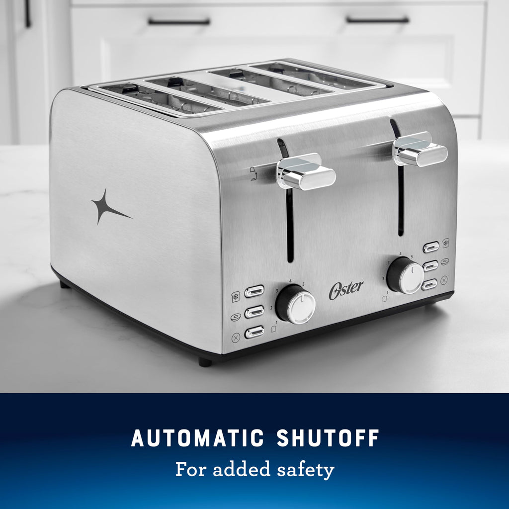Oster 4 Slice Toaster, With 7 Browning Settings, Extra Wide Slots For Bagels and Special Breads, Removable Easy-to-Clean Crumb Tray, Cancel/Defrost/Bagel, Stainless Steel