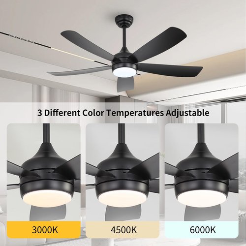 52 Inch Black Ceiling Fans with Lights, Modern Ceiling Fan with Remote Outdoor Ceiling Fan for Bedroom, Living Room, Flush Mount Memory Low Profile 3CCT LED Lights Kit, Easy and Fast Installation