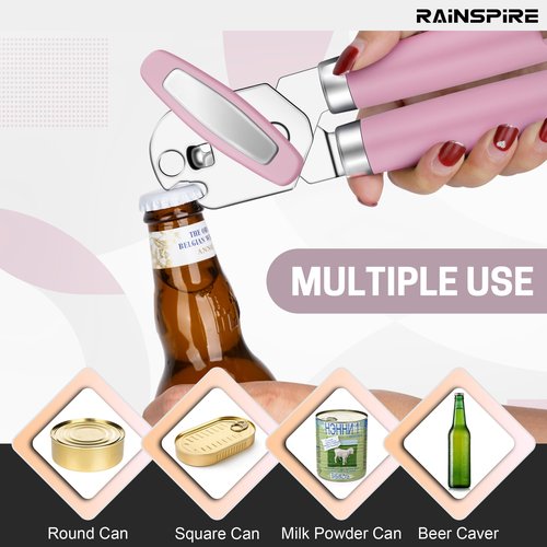 Rainspire Can Opener Manual Handheld Strong Manual Can Opener Smooth Edge Cut, Can Opener Heavy Duty, Comfortable Soft Handle, Built-in Bottle Opener, Pink