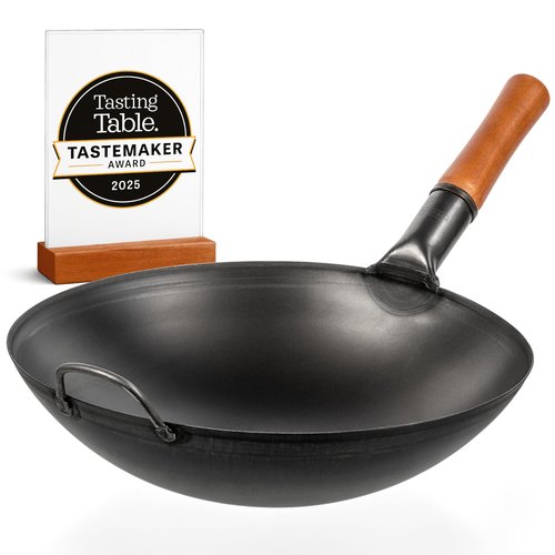 YOSUKATA 14" Carbon Steel Wok with Round Bottom – Pre-Seasoned Pow Wok for Stir Fry – Traditional Chinese Japanese Black Steel Pan – Outdoor Cookware for Gas Stovetops, Open Fire, BBQ, Camping