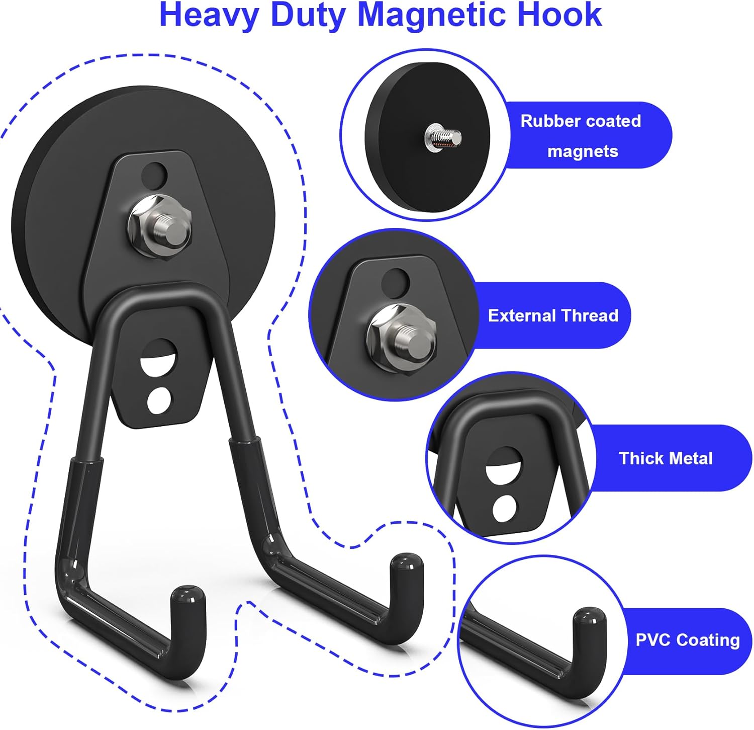 Skiennix Heavy Duty Magnetic Utility Hooks - Anti-Slip Coating for Garage & Garden Tools | 3PCS, 2.59'' Black