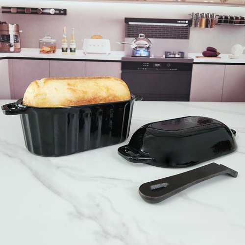 FANQIEW Dutch Oven Enameled Cast Iron Bread Pan with Lid Sourdough Loaf Pans for Baking Bread Large Heavy Oval Bread Dutch Oven with Movable Handle 4 Qt Black Dishwasher Safe