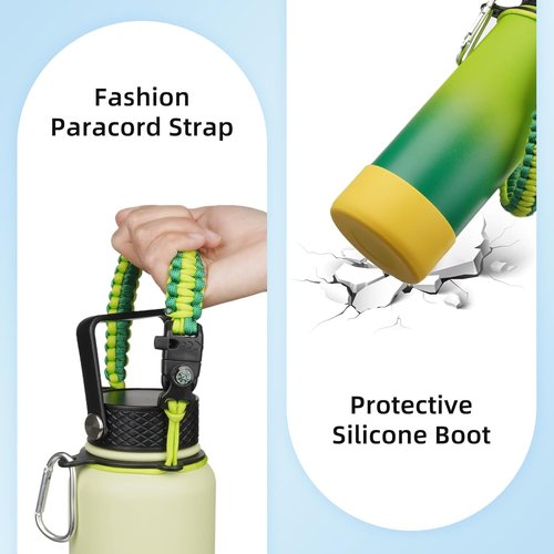BJPKPK 32oz Insulated Water Bottle - Stainless Steel, 3 Lids, Paracord Handle | Army Green & Black