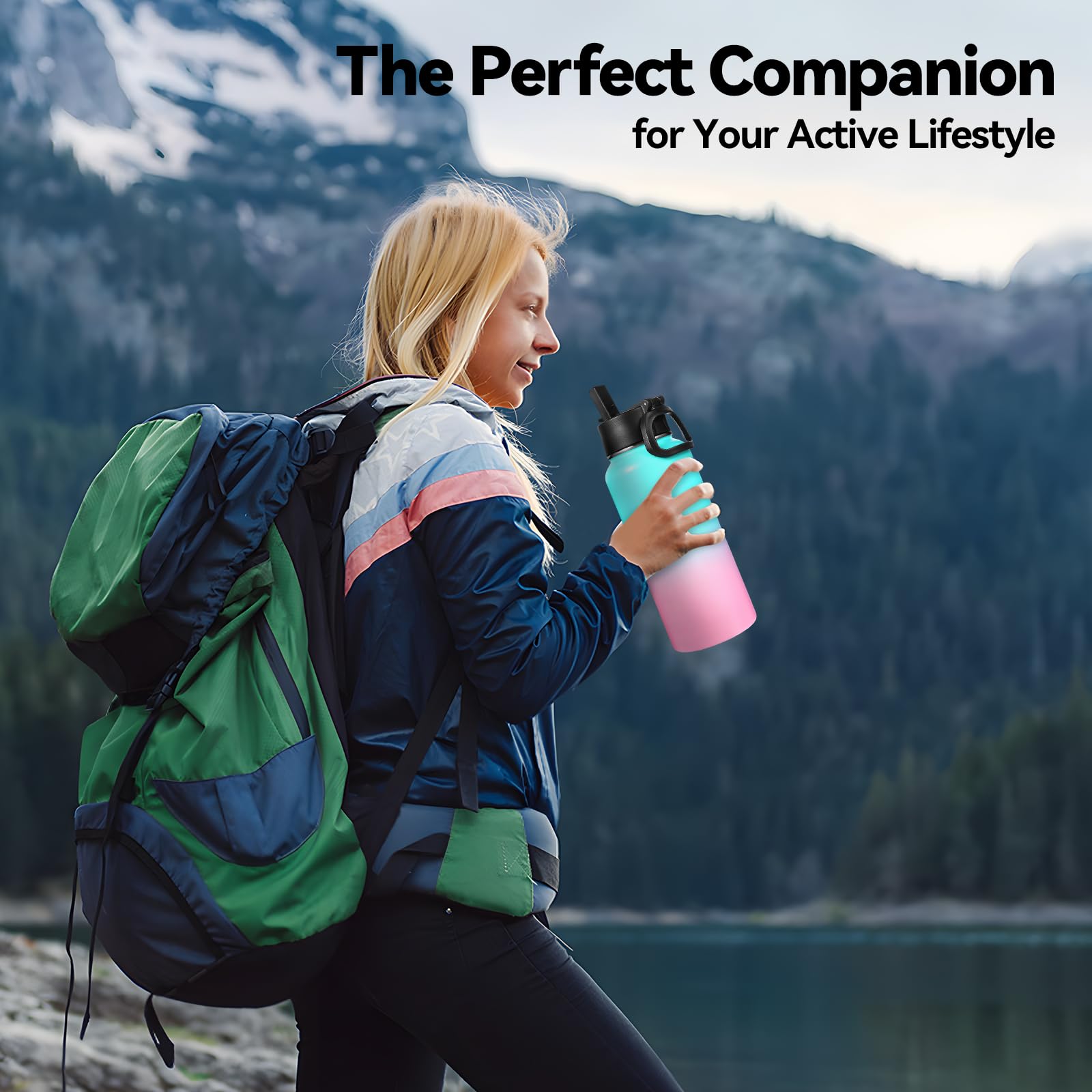 Neihepal 32 oz Insulated Water Bottles with 2 Lids (Straw & Spout Lid), 18/8 Stainless Steel Double Wall Water Bottle for Gym, Travel, Camping, Sports (Assorted,2 Pack)