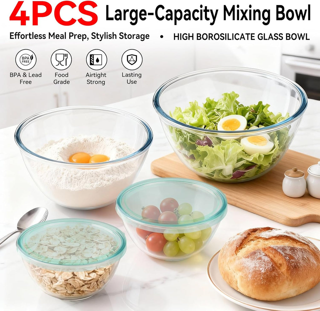 YUANYE Glass Mixing Bowls Set - 4 Pack with Lids | Thick, Nesting Kitchen Bowls for Cooking & Baking (3/1.7/0.9/0.6QT)