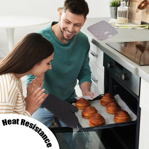 Win Change Oven Mitts and Pot Holders Sets,6 Pcs Oven Mitts and Potholders with Recycled Cotton High Heat Resistant Extra Thick Long Oven Mitts for Cooking(Black)