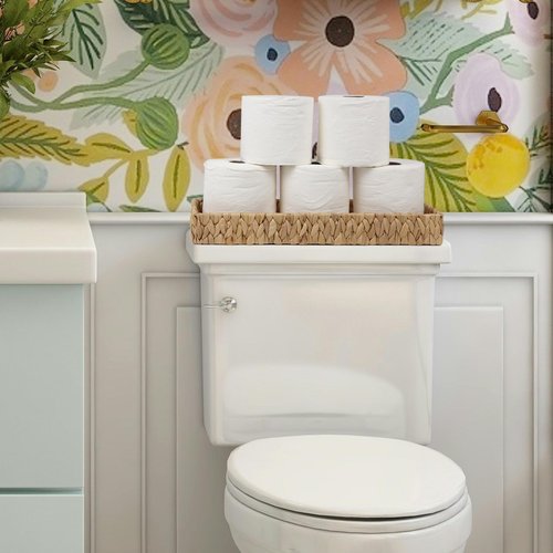 Bathroom Vanity Tray, 16.7 Inch Water Hyacinth Toilet Tank Baskets, Long Wicker Counter Tray for Paper Hand Towel, Bathroom Counter Organizer for Decor Coffee Table (16.7" x 6" x 2")