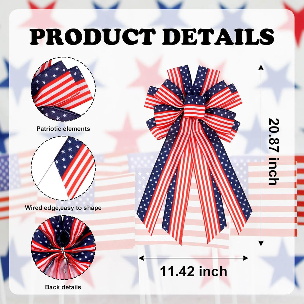 YKW Large Patriotic Bow - American Flag Wreath Decoration for 4th of July & Memorial Day - Classic Blue Design
