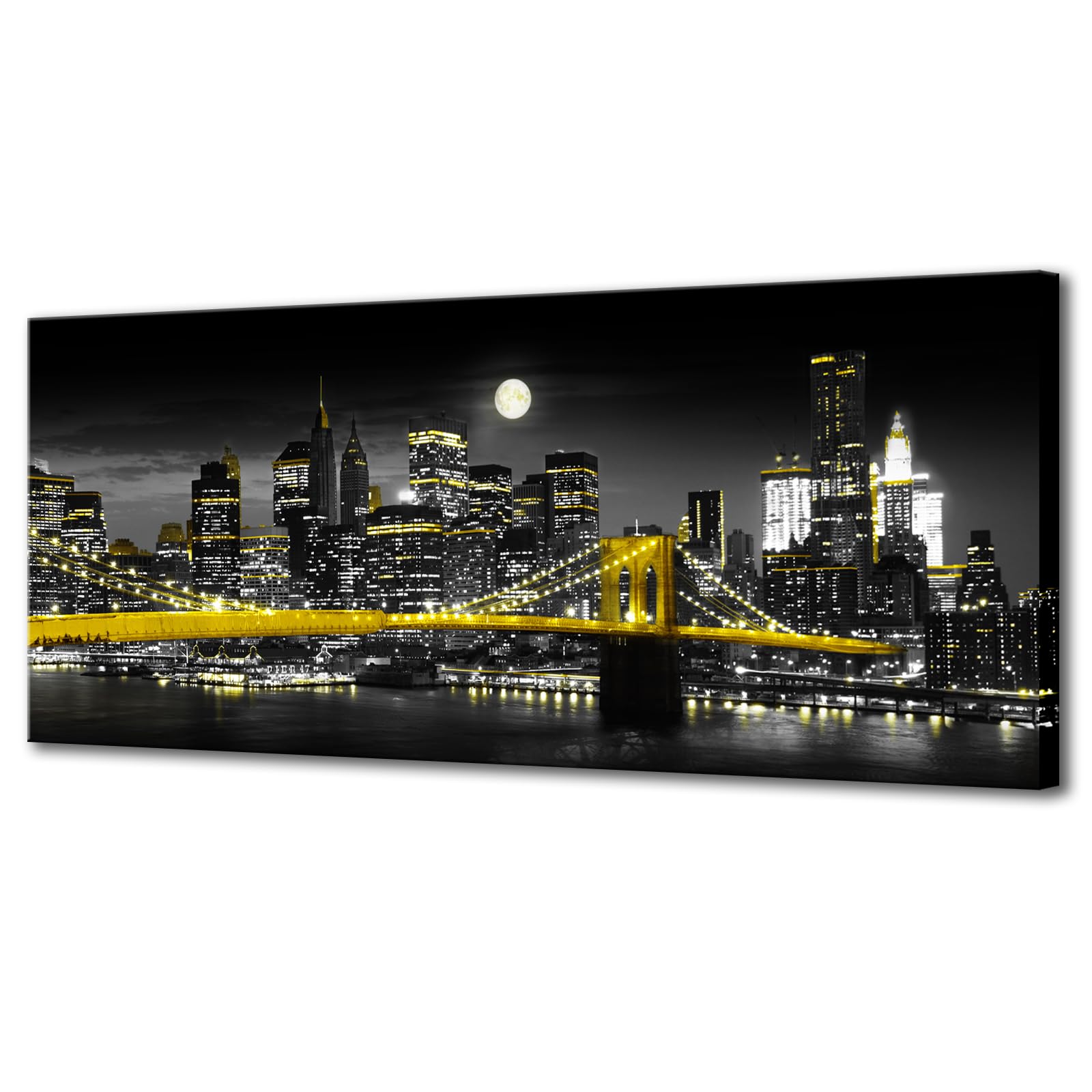 Biuteawal Black and White Yellow Canvas Print New York City Brooklyn Bridge at Moon Night Picture Photo Painting Cool Manhattan Skyline Artwork Modern Home Office Wall Decoration Ready to Hang