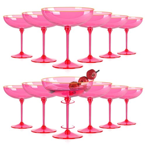 12 PCS Plastic Coupe Glasses 9 oz Hot Pink Detachable Gold Rim Martini Glass Espresso Champagne Cocktail Cups Disposable Vintage Margarita Glassware for Valentine's Day Wedding Bridal Shower Party