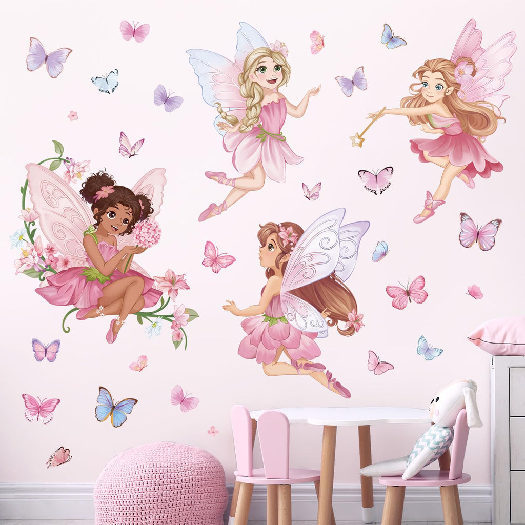 wondever Pink Fairy Girls Wall Stickers Elves Flower Butterfly Peel and Stick Wall Art Decals for Girls Bedroom Baby Nursery Kids Room