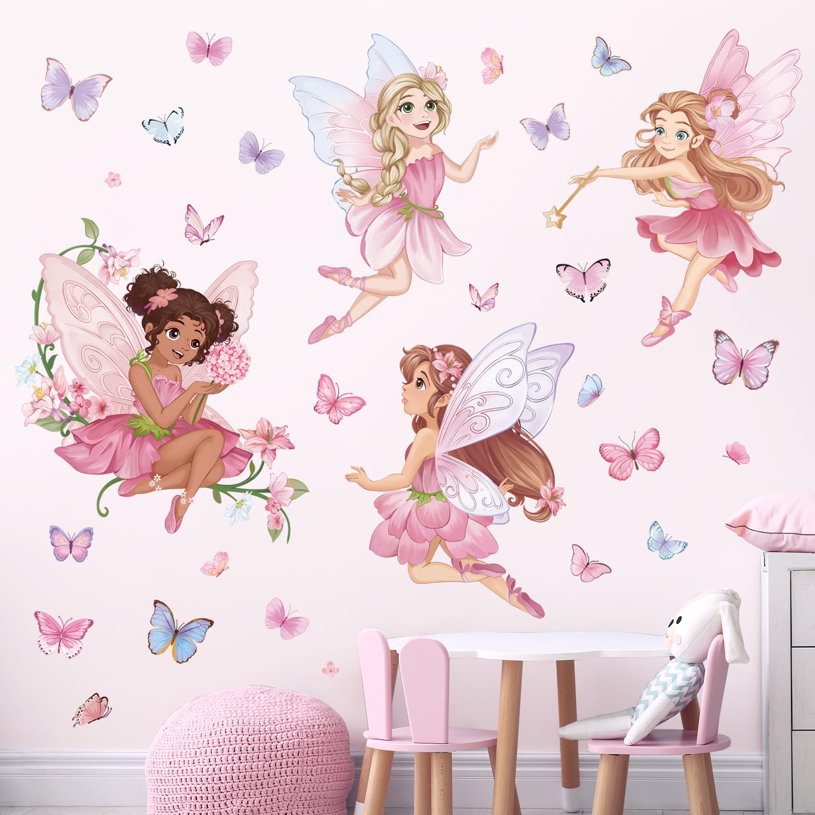wondever Pink Fairy Girls Wall Stickers Elves Flower Butterfly Peel and Stick Wall Art Decals for Girls Bedroom Baby Nursery Kids Room