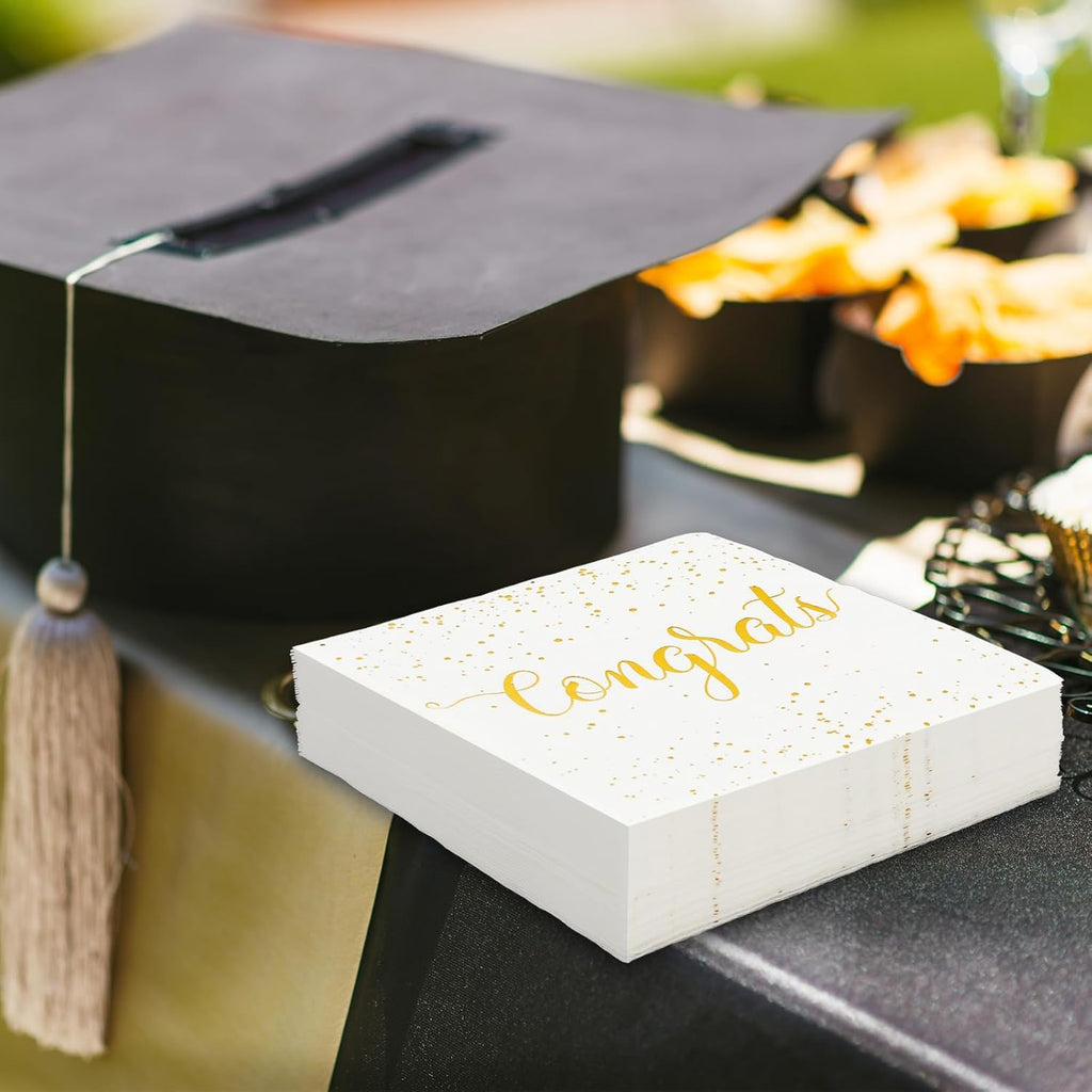 Whaline Cocktail Napkins - 80 Pcs White Gold Foil Congrats Design | Perfect for Graduation & Celebrations