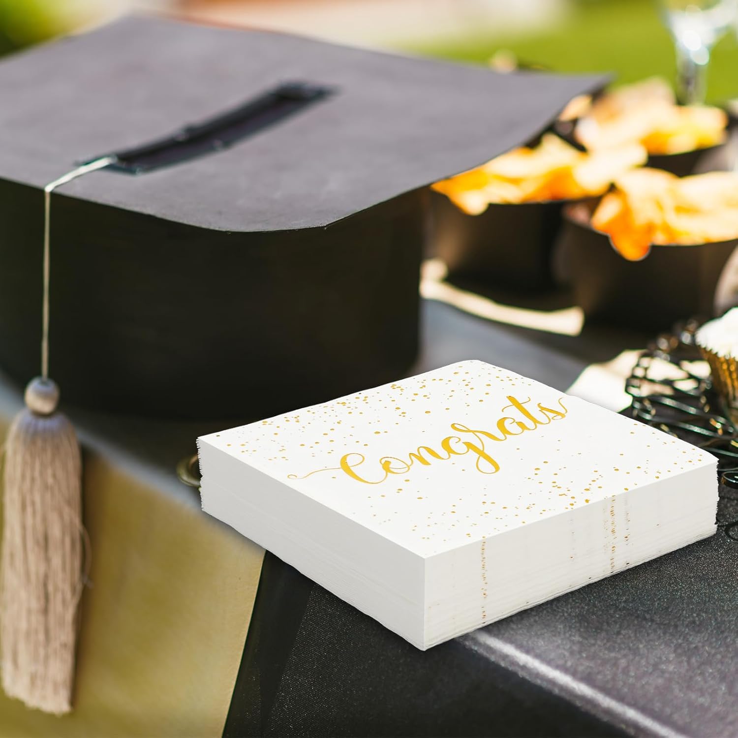 Whaline Cocktail Napkins - 80 Pcs White Gold Foil Congrats Design | Perfect for Graduation & Celebrations
