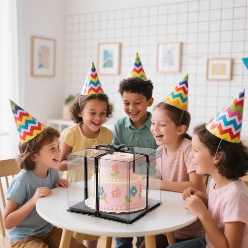Cididu 6 Pack Large Clear Cake Box with Ribbon, Tall Cake Box Carrier 12x12x10 Inch, Tiered Transparent Cake Packaging Boxes with Lid and Board, PET Clear Gift Containers for Birthday Wedding Party
