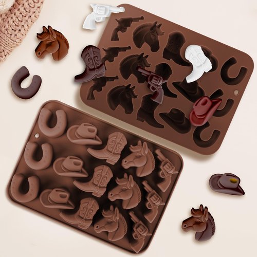Fuehbur Western Themed Cowboy Candy Silicone Molds 2PCS, Chocolate Jello Moulds with Horse Head Boot Hat Saddle Design, 15 Cavity Ice Mold Pudding Soap Cookie Molds for Cake Desserts Cupcake Making