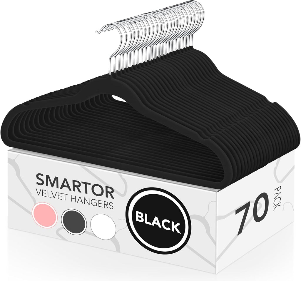 Smartor Velvet Hangers - 70 Pack Black Non-Slip Heavy Duty Felt Hangers | Premium Slim Closet Organizer with 360° Rotating Hook