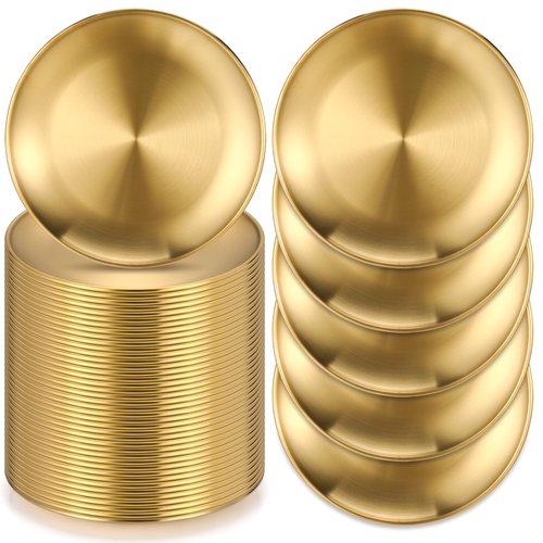 Uiifan 40 Pcs 304 Stainless Steel Dinner Plates Gold 8 Inch Platter Serving Flat Metal Dessert Salad Camping Plates Kitchenware Dinner Dishes for BBQ Snack Steak Food Serving Dishwasher Safe