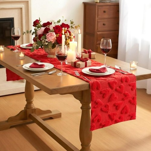Windkream Valentine's Day Decor Table Runner 13 x 72 Inch Red Heart Soft Plush Faux Fur 3D Jacquard Table Runner Romantic Valentine's Day Decorations for Home Dining Holiday Wedding Party Decor