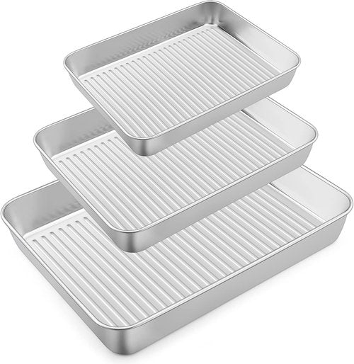 E-far Stainless Steel Baking Pans Set of 3 - Non-Toxic, Dishwasher Safe, Rectangle Trays 12.5/10.5/9.4 Inch