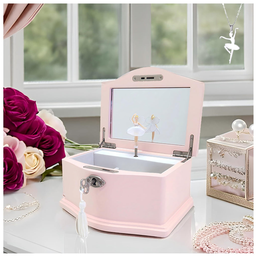 Lihou PapaQ Pink Ballerina Musical Jewelry Box for Girls, Wooden Jewelry Storage Chest with Mirror & Lock, Swan Lake Tune Spinning Ballerina Music Box, Ideal Kids Gift for Christmas & Holidays