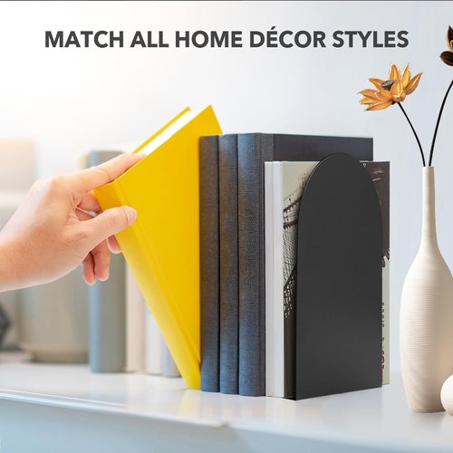 Hiziwimi Metal Book Ends for Shelves - 6Pcs Bookends for Heavy Books Non-Skid Decorative Book Stopper to Hold Books/CDs for Home Office School and Desktop Organizer, Black