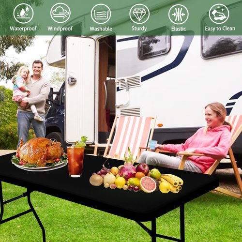 10 Pack Picnic Table Cover Fitted Tablecloth for 6 Foot Rectangle Tables Elastic Waterproof Stretch Washable Patio Folding Outdoor Spandex Table Cloth for Camping Banquet and Parties (Black,30" x 72")