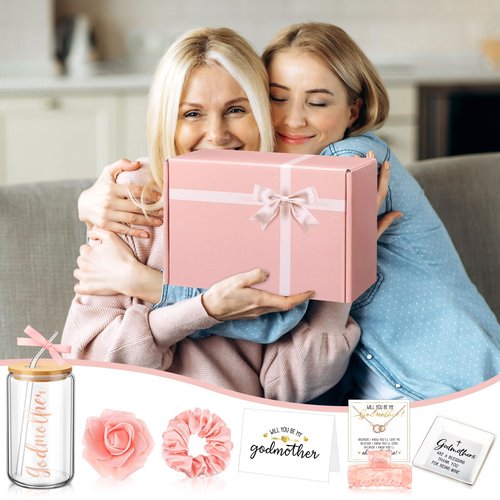 Honeydak 8 Pcs Godmother Proposal Gift Set Will You Be My Godmother from Godchild 16oz Glass Cup Necklace Trinket Ring Dish Gift Box for Mother's Day Easter Birthday Baptism(Rose Gold)