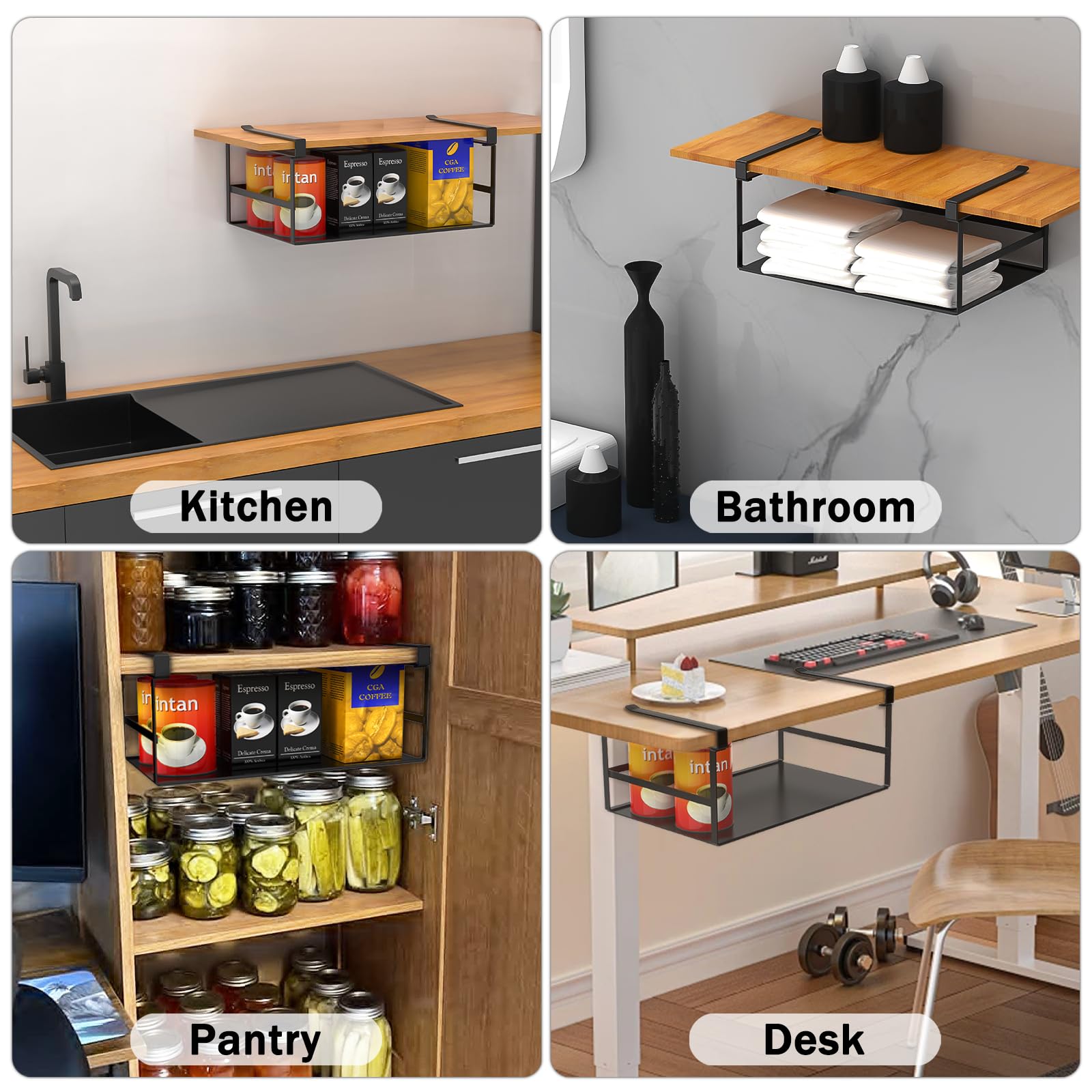 Fengone Under Shelf Storage Basket Organizer Hanging Holder for Kitchen, Pantry, Desk, Bookshelf, Cabinet Heavy Duty Slide-in Hanging Storage Basket (Black Small)