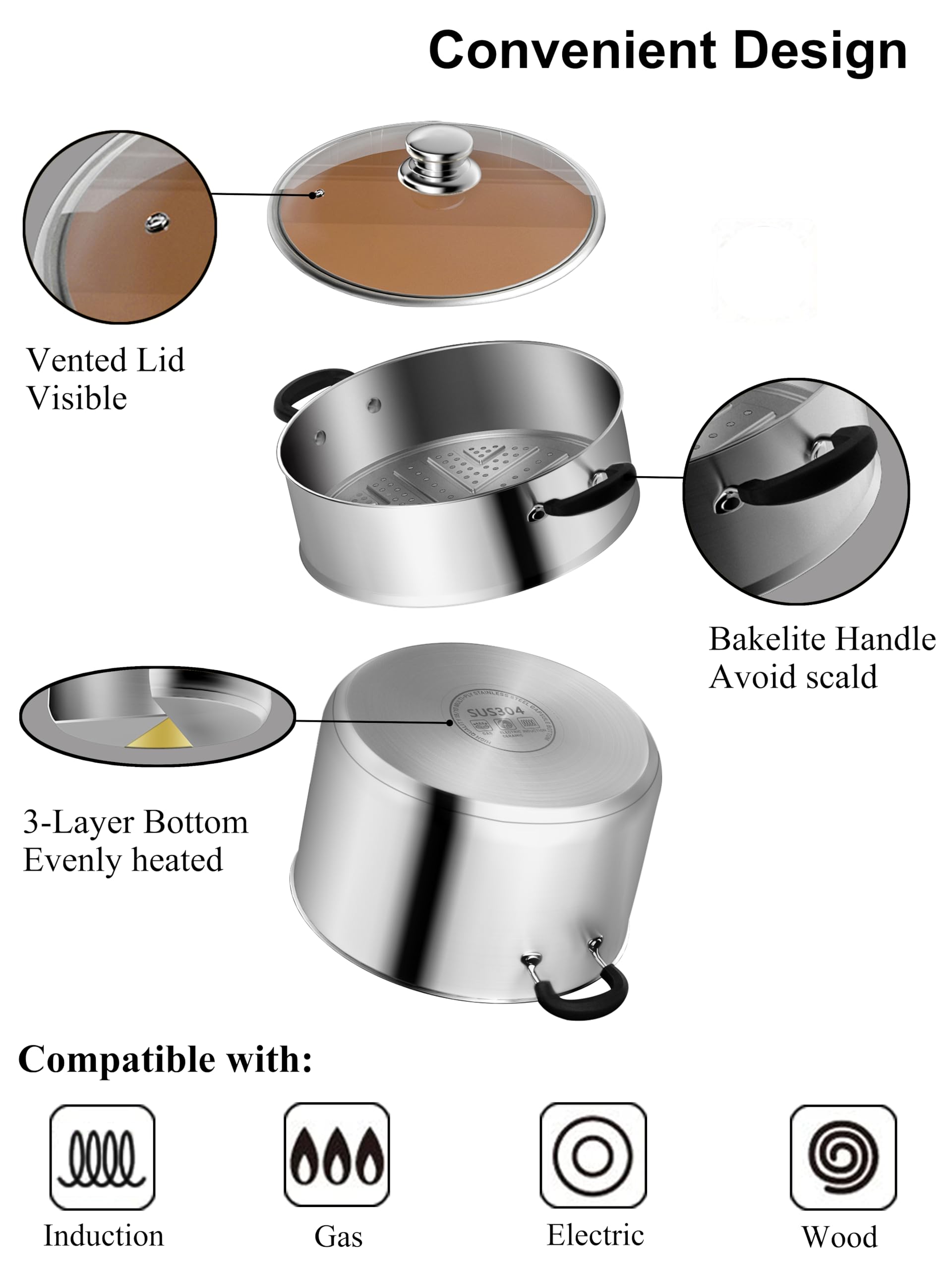VENTION 7.1 Inch Small Vegetable Steamer for Cooking, Stainless Steel Couscoussier 2.6 QT, 2 Tier Induction Small Steam Pot for Broccoli, 18cm Couscous Steamer Pan
