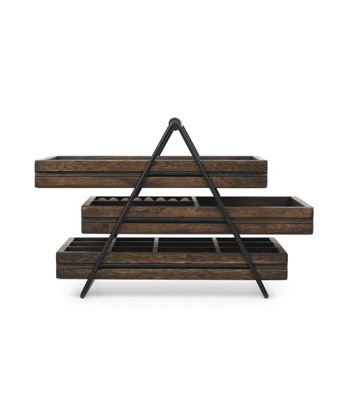 Umbra 1004037-048 Terrace Jewelry Tray – Three-Tier Jewelry Tray With Three Sliding Linen Lined Wood Trays With Metal Frame and Handle, Easy Storage and Access, Black/Walnut Finish
