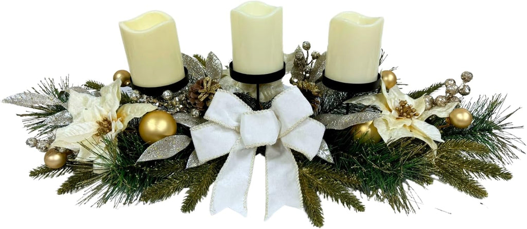 Svndlyn Christmas Candle Holders - Elegant 3-Piece Centerpiece with Poinsettia Flowers & Glitter Pinecones