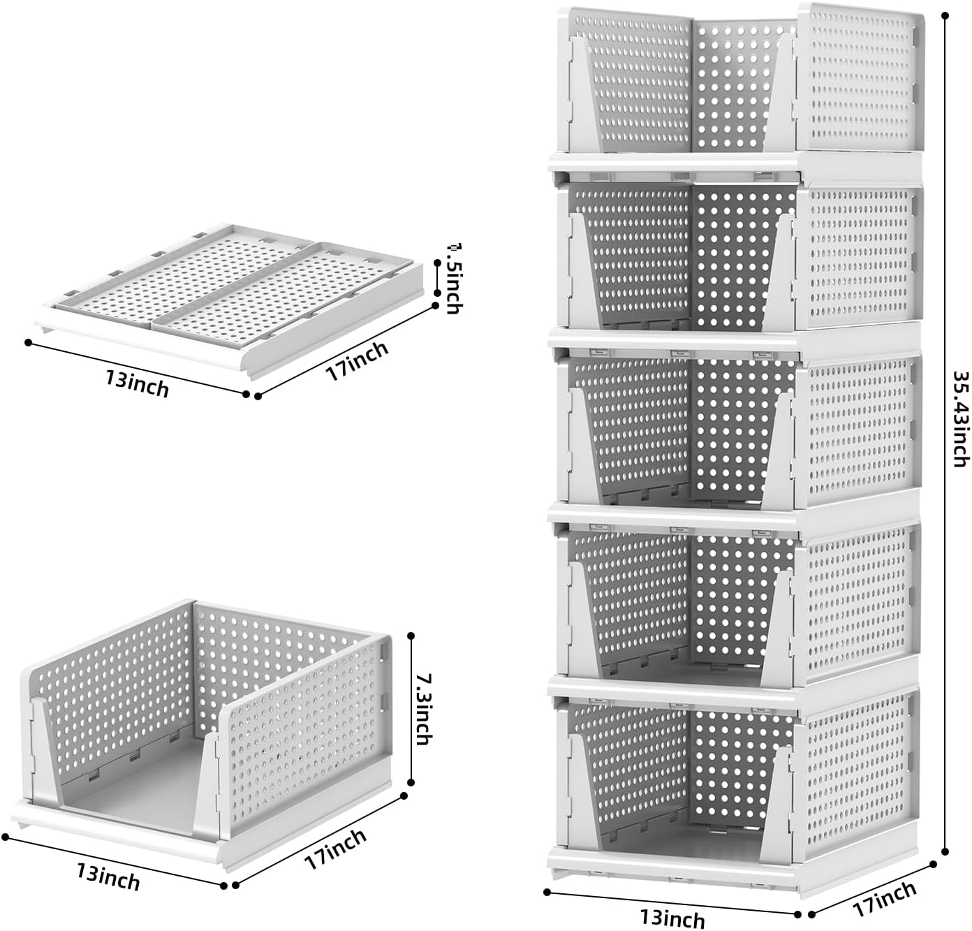 Stackable Plastic Storage Baskets by [Brand Name] - Foldable Organizers for Closet & Pantry | 5-Pack, 5L