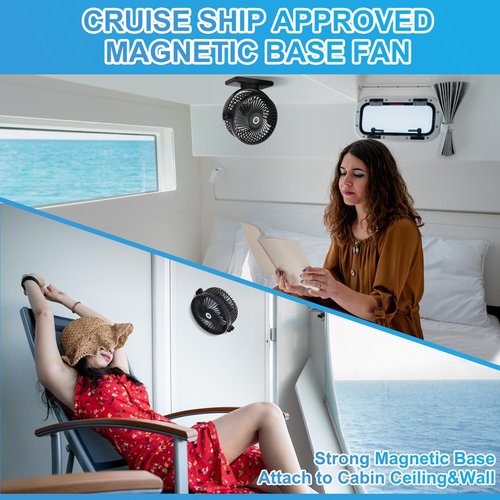 6 Inch Magnetic Cruise Fan – 12000mAh Rechargeable Portable Fan with Strong Magnet Base, LED Light, 360° Rotation Head, Timer&Power Output, Perfect Cruise Essentials for All Major Cruises
