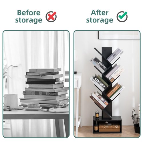 Yoobure Tree Bookshelf, 6 Tier Small Book Shelf Retro Floor Standing Bookcase, Wood Book Storage Organizer Rack, Tall Narrow Bookshelves for Corner/Bedroom/Living Room/Home Office, Black