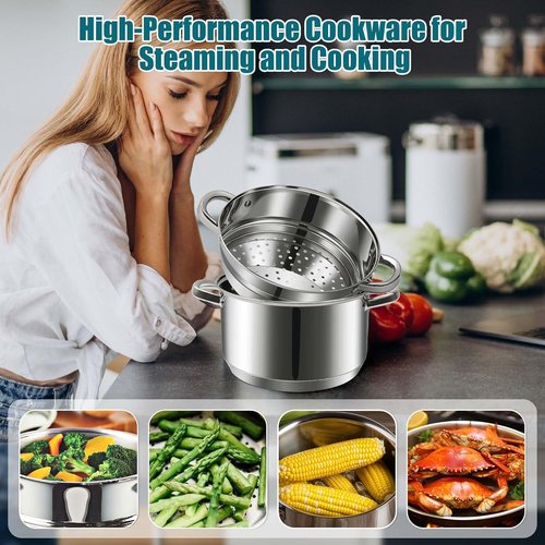 KroWallu 6 QT Stainless Steel Cookware Set, 3-Piece Multipurpose Stock Pot with Steamer Pot and Tempered Glass Lid, Stainless Steel Handle, Work with Gas Electric Induction Stove