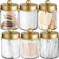 Amolliar Qtip Holder Dispenser - 8 oz Plastic Apothecary Jar for Vanity Makeup Storage - Gold Bathroom Canister Set