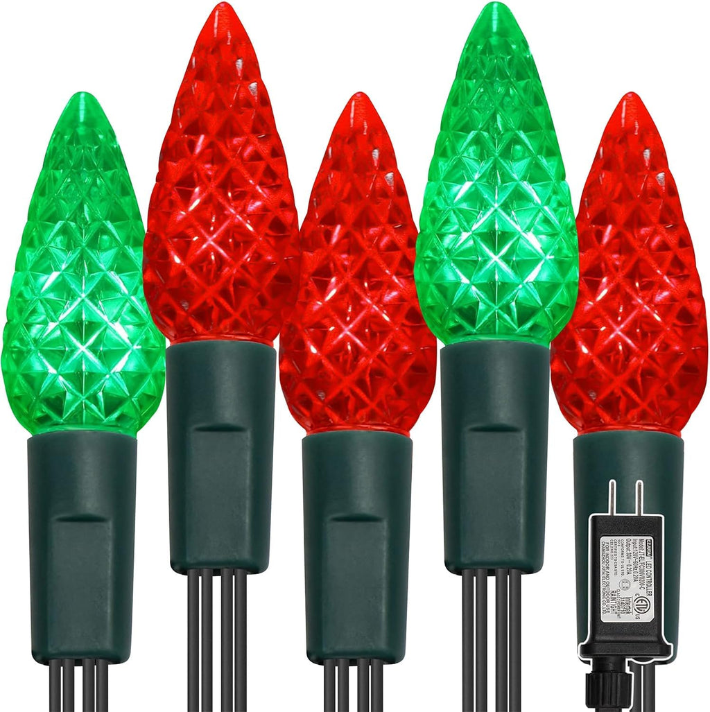WATERGLIDE C6 100 LED Christmas String Lights - 33ft Waterproof Fairy Lights for Indoor/Outdoor Decor | Red & Green